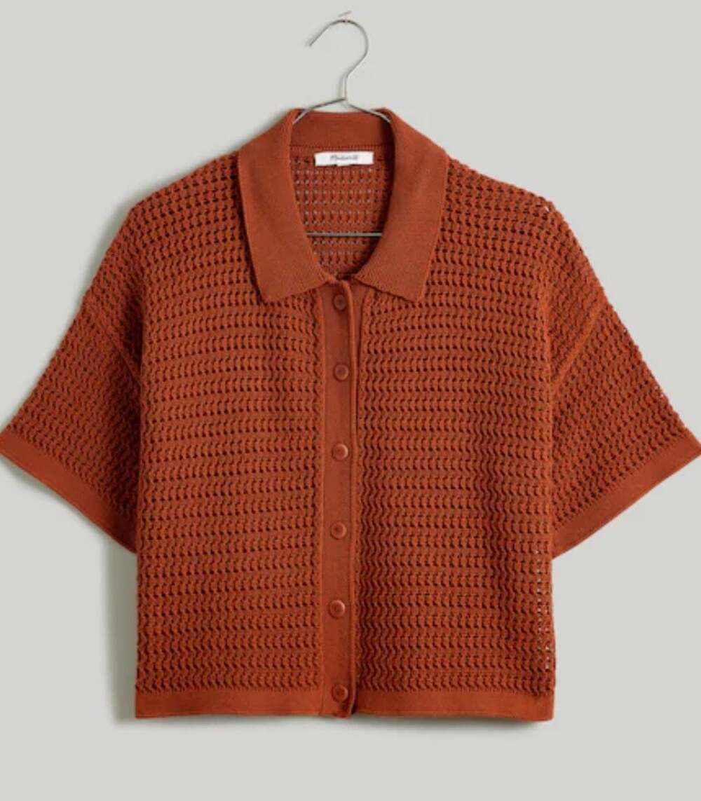 Madewell Afterglow Red Crochet Button Up Crop Top XXS Short Sleeve Collared - Picture 2 of 7